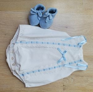 pique baby one piece suit and knit sandals
